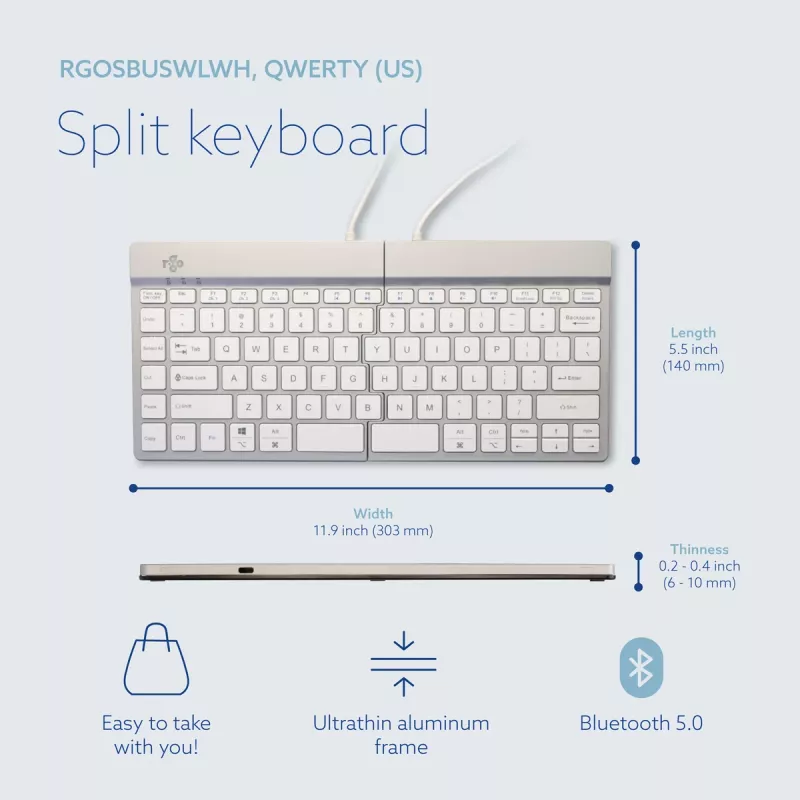 Teclado ergonómico R-Go Tools R-Go Split Break con software de pausas, teclado ergonómico dividido, QWERTY (US), Bluetooth, blanco