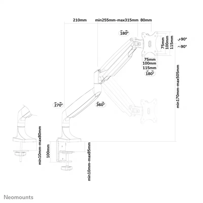Neomounts NM-D750WHITE Soporte de monitor 25,4-81,3 cm (10-32 pulgadas) – Resorte de gas, pinza de mesa/pasacables de mesa, 9 kg, 25.4 cm (10 pulgadas), 81.3 cm (32 pulgadas), 100 x 100 mm, Blanco