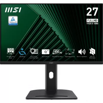Monitor MSI PRO MP275PG 27 pulgadas, FHD (1920 x 1080), 100Hz, IPS, 1ms, 1x HDMI 1.4b, 1x salida DP 1.2a, 1x D-Sub (VGA), altavoces integrados, antirreflejo, sin parpadeo, luz azul reducida, certificado TÜV, VESA, Kensington, ajustable en 4 posiciones