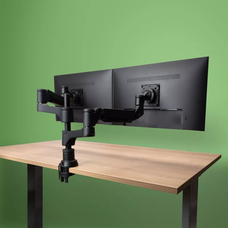 Soporte para monitor R-Go Tools R-Go Caparo Dual, para dos monitores, altura ajustable con resorte de gas, capacidad de carga 3-9 kg, 100% circular, negro