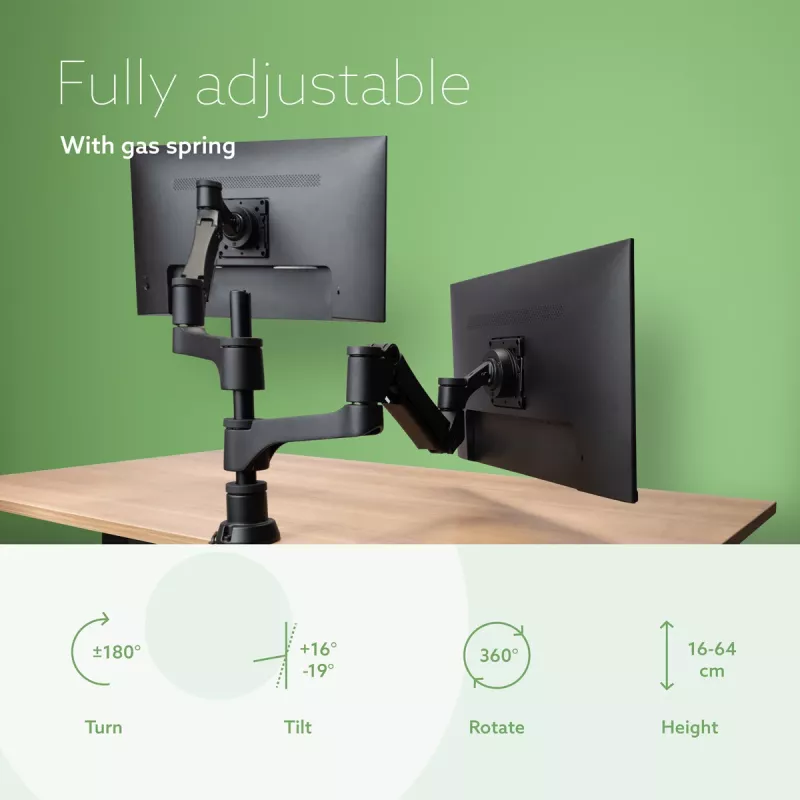 Soporte para monitor R-Go Tools R-Go Caparo Dual, para dos monitores, altura ajustable con resorte de gas, capacidad de carga 3-9 kg, 100% circular, negro