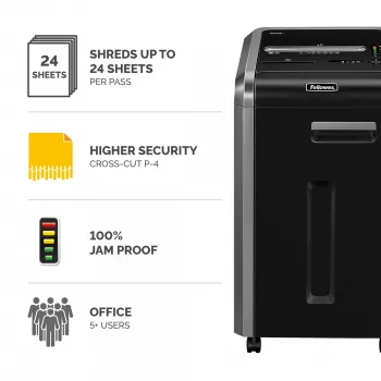Destructora de documentos Fellowes 225Ci 24 hojas destructora de corte en partículas con recipiente de 60 litros, alto nivel de seguridad P4