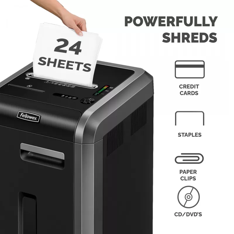 Destructora de documentos Fellowes 225Ci 24 hojas destructora de corte en partículas con recipiente de 60 litros, alto nivel de seguridad P4