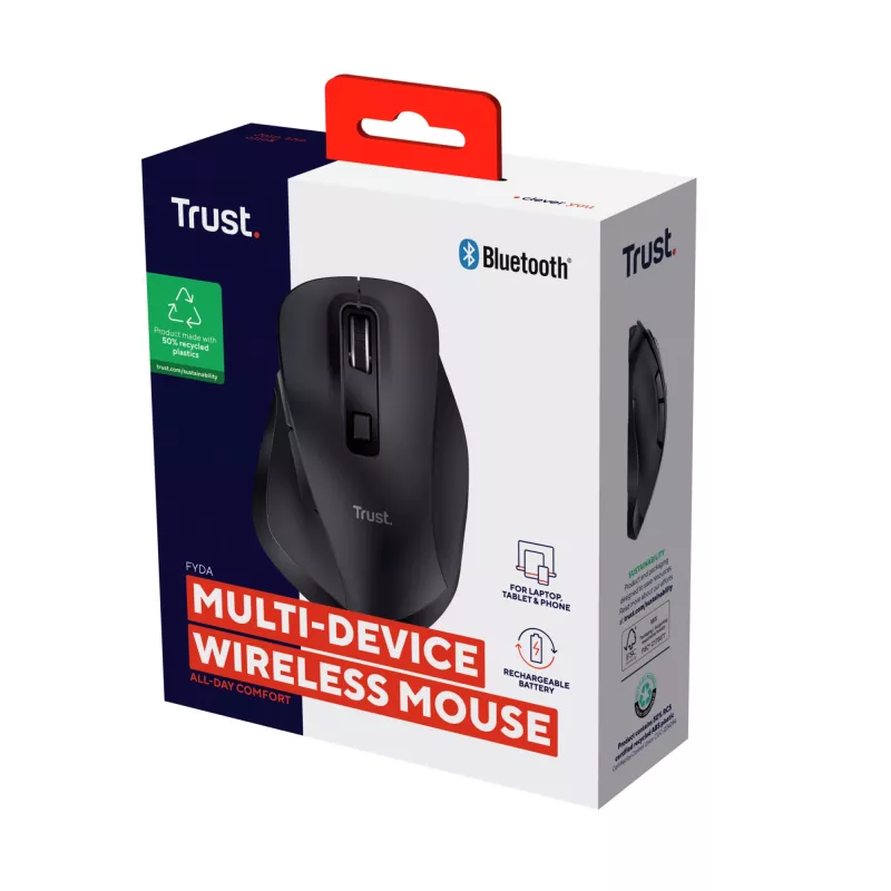TRUST Fyda Office ratón inalámbrico ergonómico para diestros – RF + Bluetooth 5.2 – óptico 2400 DPI – 6 botones – negro