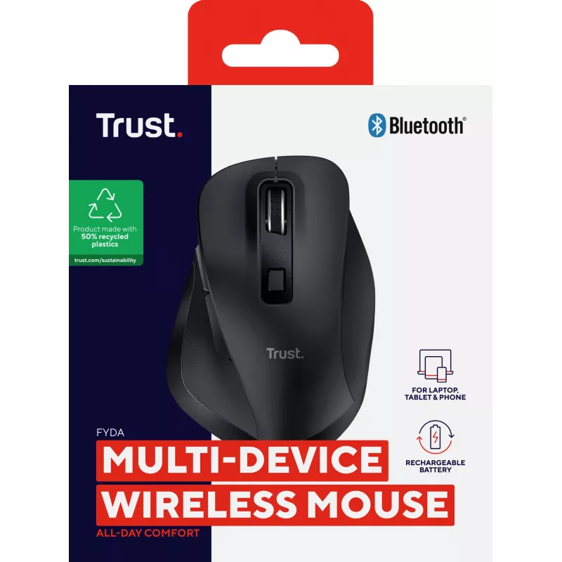 TRUST Fyda Office ratón inalámbrico ergonómico para diestros – RF + Bluetooth 5.2 – óptico 2400 DPI – 6 botones – negro
