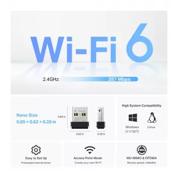 Adaptador USB inalámbrico TP‑Link Archer TX1U Nano Wi‑Fi 6 (IEEE 802.11ax) Doble banda 2,4/5 GHz, 287 Mbit/s, Bluetooth, USB 2.0, Negro
