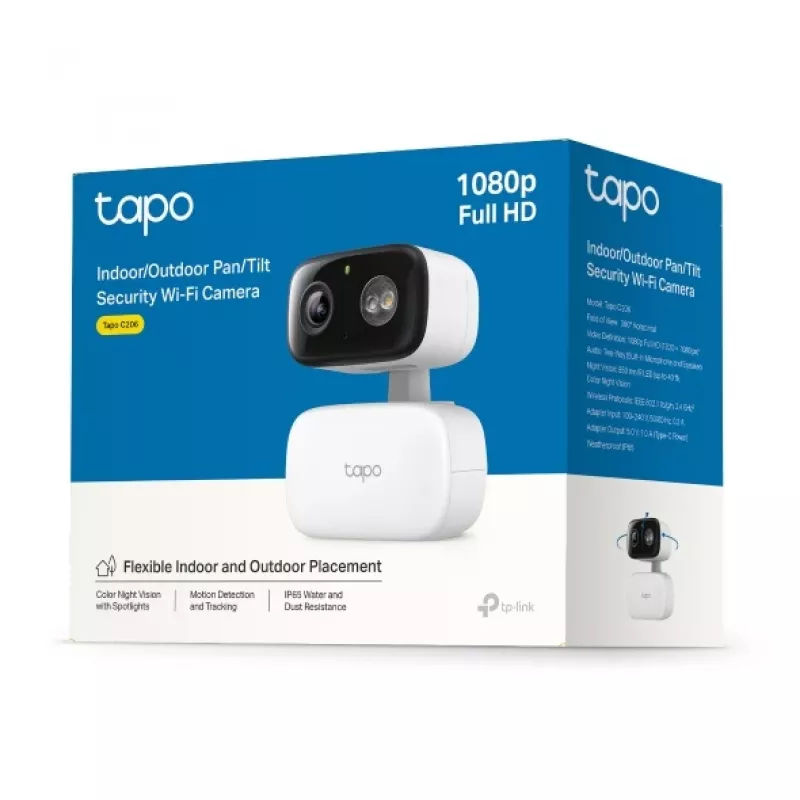 Cámara de vigilancia TP-LINK Tapo C206 – Uso interior/exterior 1080p HD, Giro e inclinación, Visión nocturna, Audio bidireccional