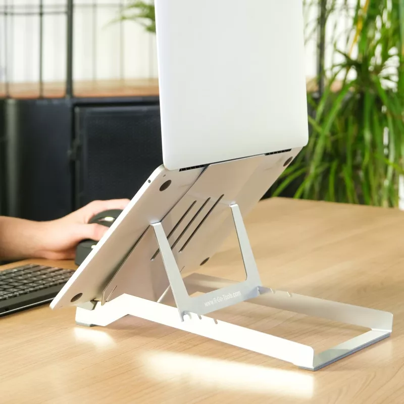 R-Go Tools Soporte para portátil R-Go Riser Basic, elevador de portátil plegable y ajustable, aluminio, plateado