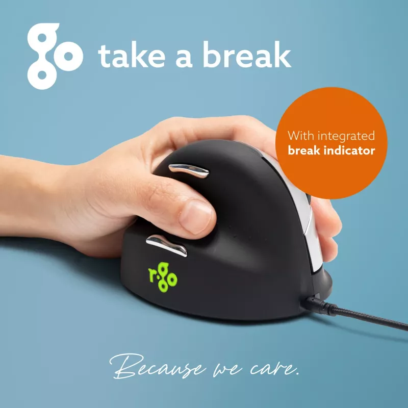R-Go Tools Ratón ergonómico R-Go HE Break con software de pausas, grande (tamaño de mano ≥ 185 mm), para zurdos, con cable, negro