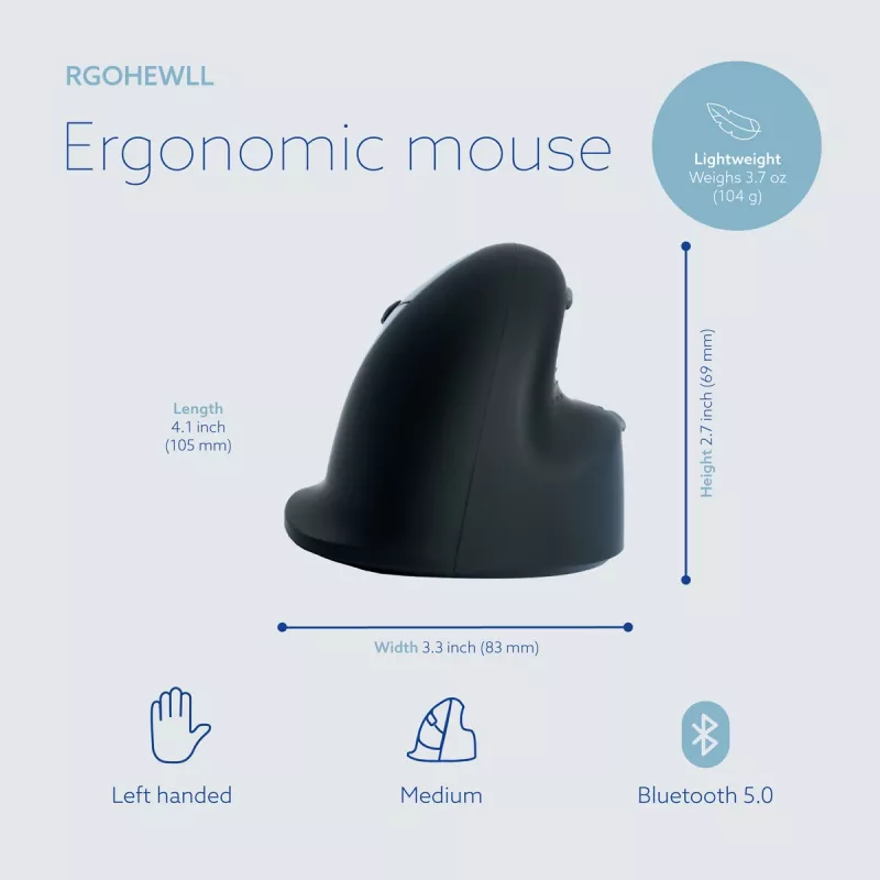 R-Go Tools Ratón ergonómico R-Go HE Break con software de pausas, mediano (tamaño de mano 165-185 mm), para zurdos, Bluetooth, negro