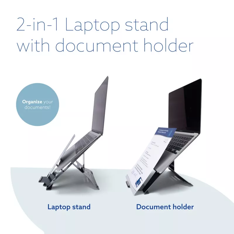 R-Go Tools Soporte para portátil R-Go Riser Document, soporte ergonómico, plegable y ajustable con sujeta documentos, negro