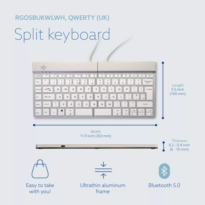 R-Go Tools Split Break RGOSBUKWLWH teclado inalámbrico, distribución UK, blanco