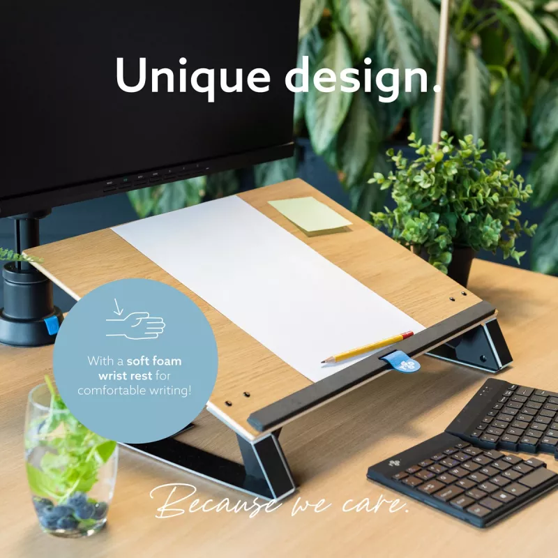 R-Go Tools Soporte de documentos R-Go Read2Write, apto para leer y escribir, ergonómico, con reposamuñecas de espuma suave, madera de roble