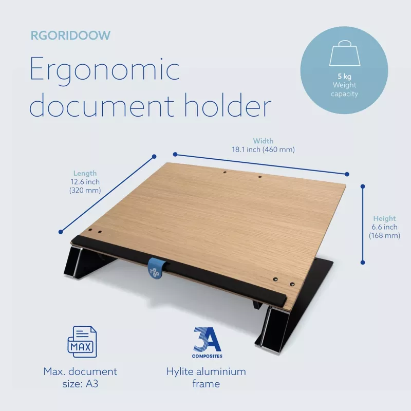 R-Go Tools Soporte de documentos R-Go Read2Write, apto para leer y escribir, ergonómico, con reposamuñecas de espuma suave, madera de roble