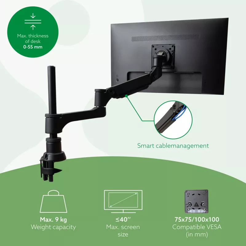 R-Go Tools Brazo para monitor R-Go Caparo Single, totalmente ajustable con muelle de gas, capacidad de carga 3-9 kg, 100% circular, negro