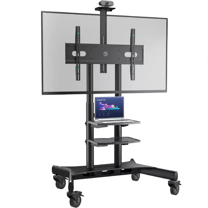 ONKRON TS1881-B soporte de TV móvil con ruedas y estantes para televisores de 50–86", hasta 90 kg, VESA 200×200–800×500, altura regulable, negro