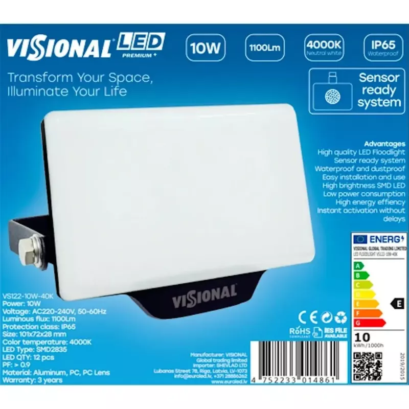 Luminaria LED de pared VISIONAL VS122-10W-40K — 10 W, 1100 lm, 4000 K para iluminación exterior/de fachada