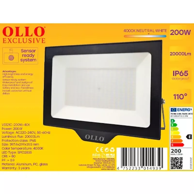 Foco LED exterior OLLO VS121C-200W-40K — 200 W, 20 000 lm, 4000 K