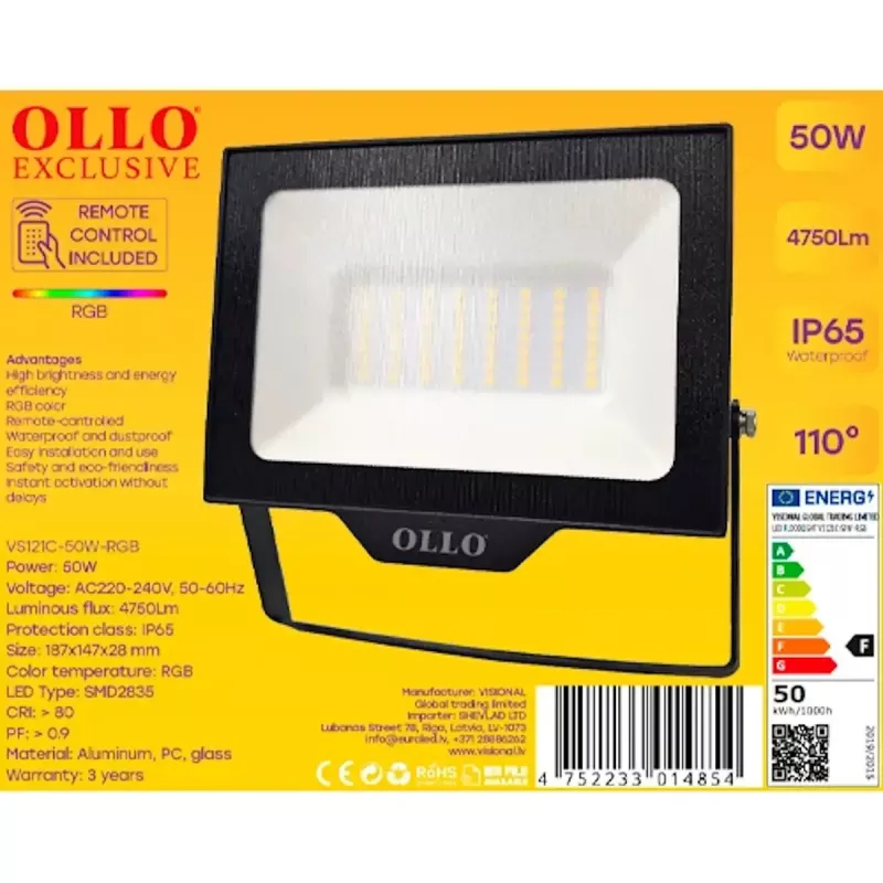 Foco LED exterior OLLO VS121C-50W-RGB — 50 W, 4750 lm, RGB