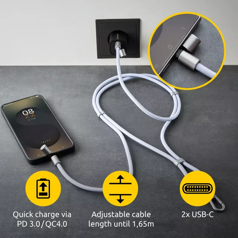 Cable-collar Intenso USB-C para móvil 60W carga rápida, longitud ajustable 1,65 m, nailon, morado