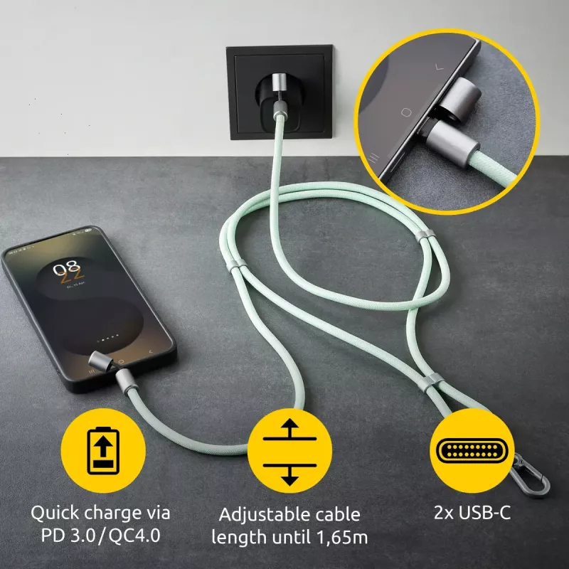 Cable-collar Intenso USB-C para móvil 60W carga rápida, longitud ajustable 1,65 m, nailon, verde