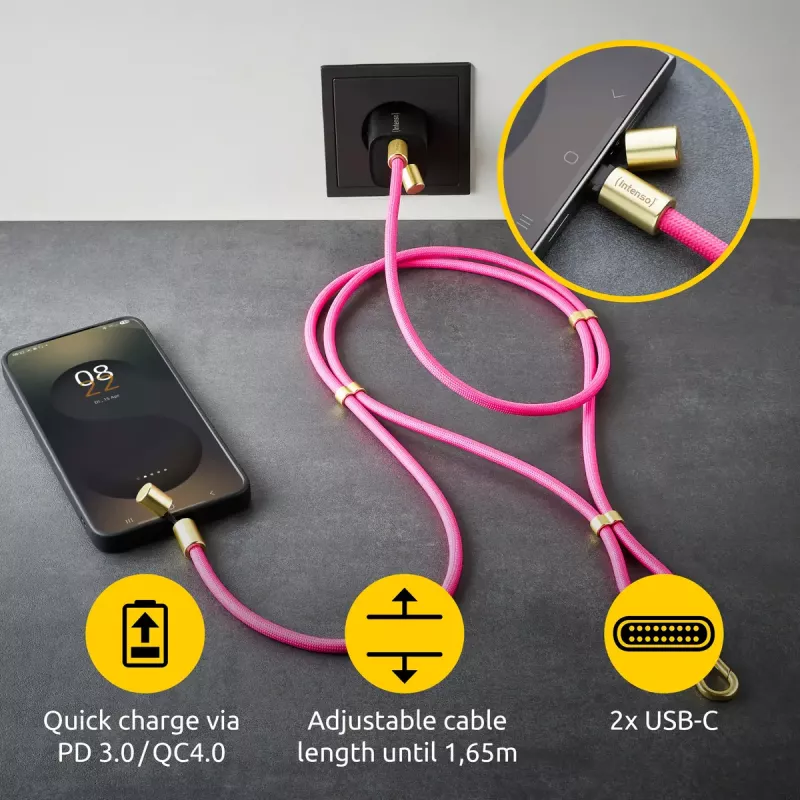 Cable-collar Intenso USB-C para móvil 60 W carga rápida, longitud ajustable 1,65 m, nailon, rosa neón