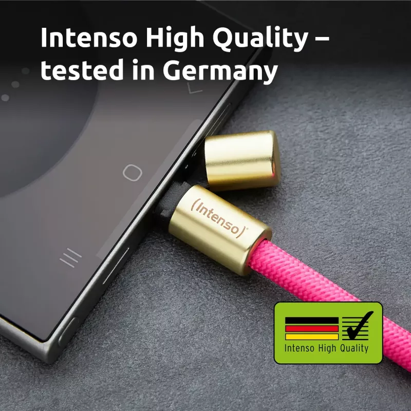 Cable-collar Intenso USB-C para móvil 60 W carga rápida, longitud ajustable 1,65 m, nailon, rosa neón