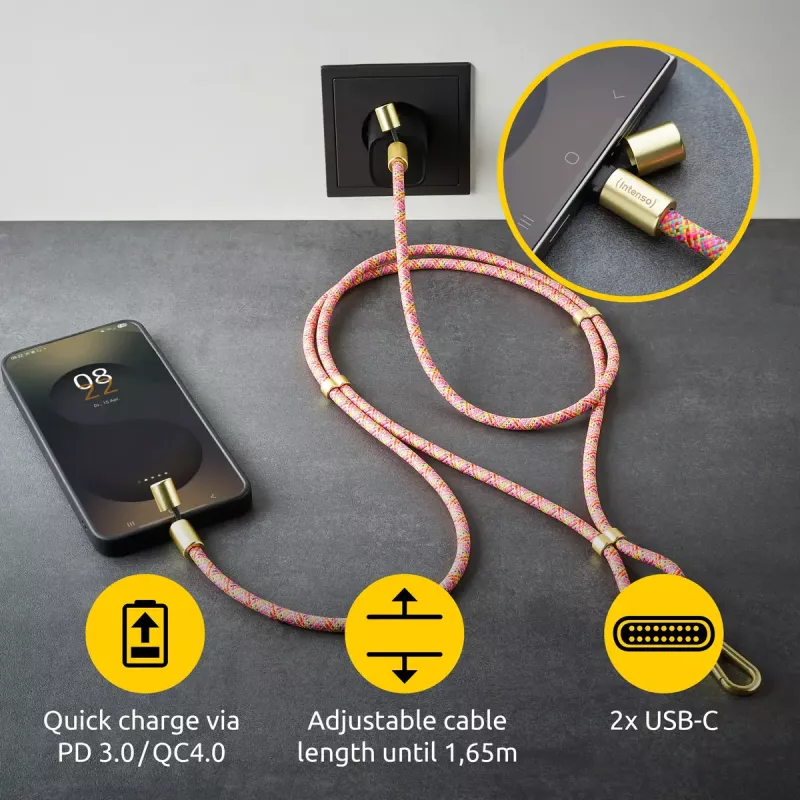 Cable-collar Intenso USB-C para móvil 60 W carga rápida, longitud ajustable 1,65 m, nailon, multicolor