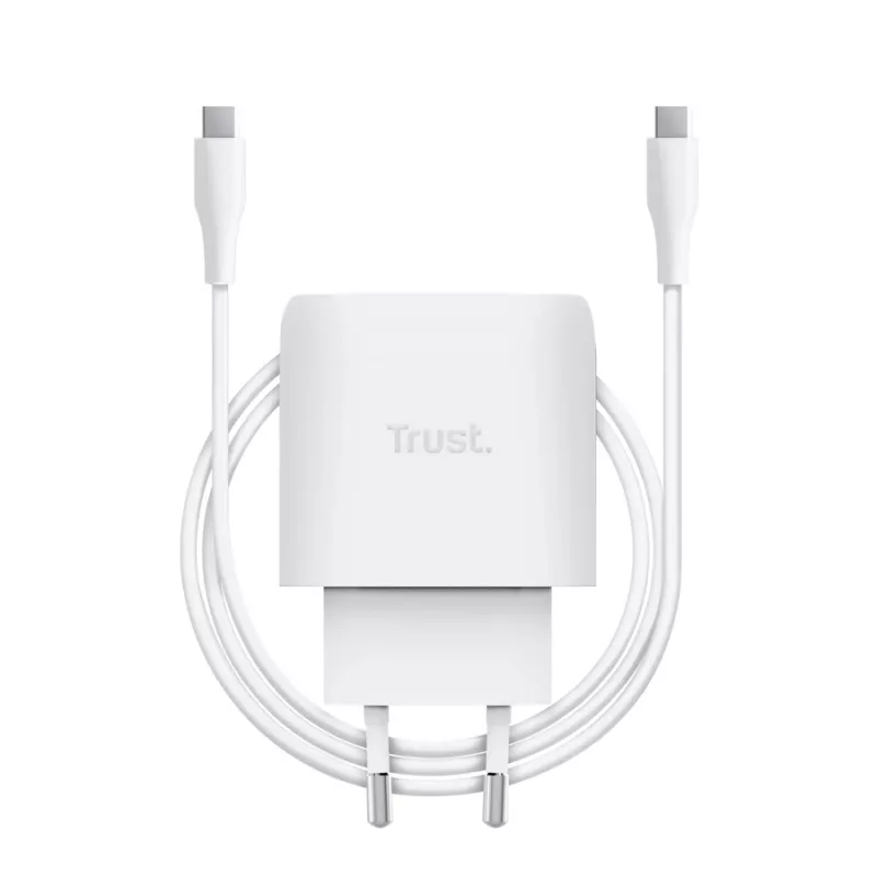 Cargador USB-C GaN TRUST Maxo 45W, 45 W, salida USB-C, máx. 20 V, cable de 2 m, blanco