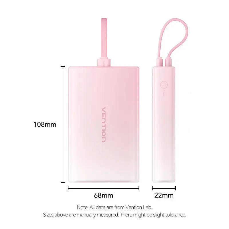 Batería externa Vention 10000mAh (USB-C, Lightning, USB-A) 22,5W indicador LED rosa