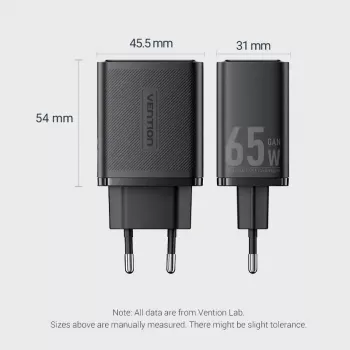 Vention FERW0-EU 65W Cargador rápido de interior AC para portátil, smartphone, tablet, smartwatch, auriculares, 2× USB-C, blanco