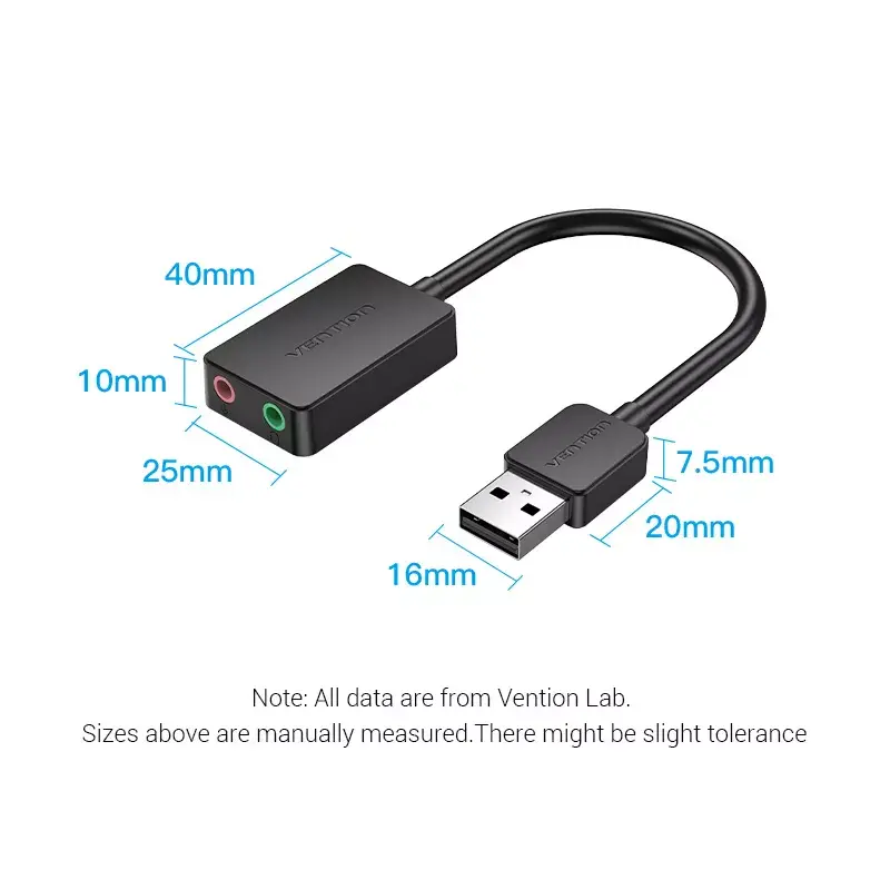 Vention tarjeta de sonido USB externa de 2 puertos 0,15 m negro 2.1 canales 16 bits