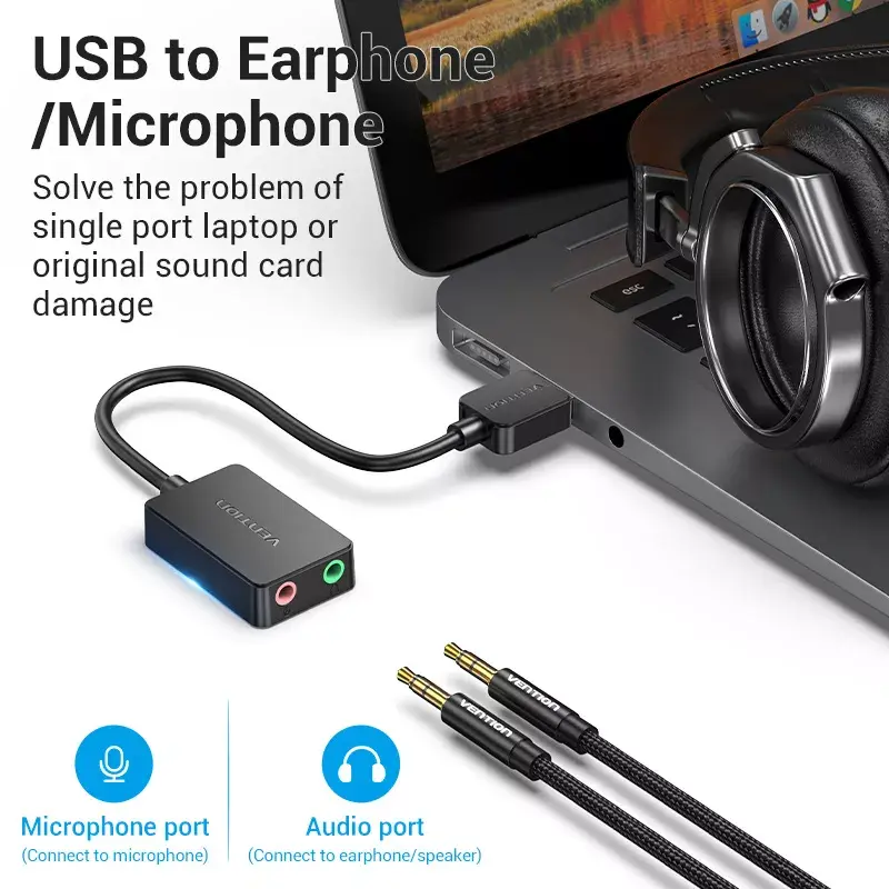 Vention tarjeta de sonido USB externa de 2 puertos 0,15 m negro 2.1 canales 16 bits