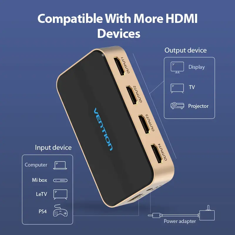 Splitter HDMI Vention 1 entrada 4 salidas 4K@30Hz oro aleación de aluminio