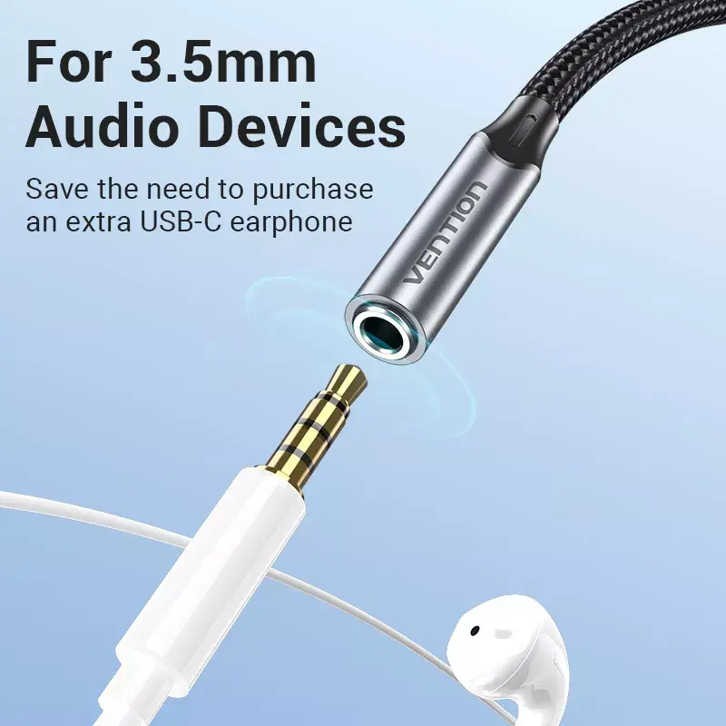 Vention adaptador USB-C a conector de auriculares de 3,5 mm BGMHA, USB Type-C macho a 3,5 mm hembra, 0,1 m, gris