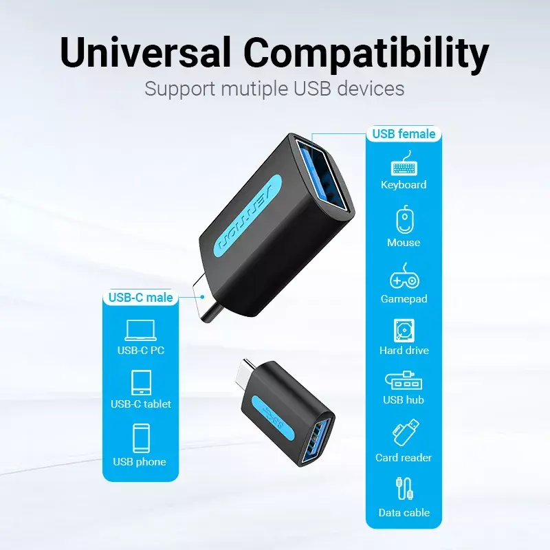 Vention adaptador USB-C a USB 3.0 OTG CDUB0 — USB-C macho a USB-A hembra, negro PVC, contactos niquelados