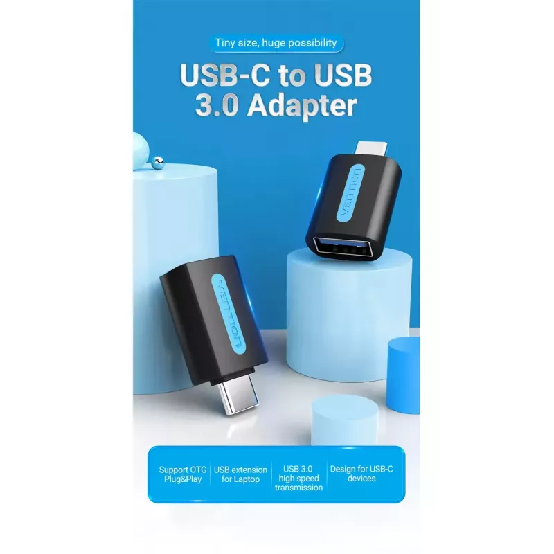 Vention adaptador USB-C a USB 3.0 OTG CDUB0 — USB-C macho a USB-A hembra, negro PVC, contactos niquelados