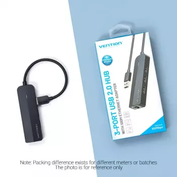 Hub USB 2.0 Vention de 3 puertos con adaptador Ethernet 100M, host USB 2.0, 4 puertos, negro