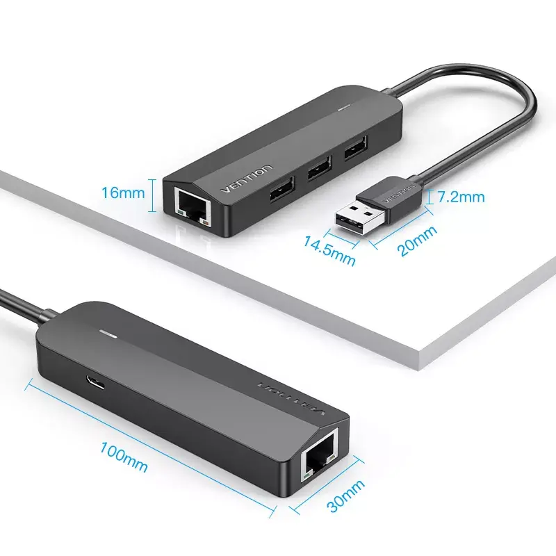 Hub USB 2.0 Vention de 3 puertos con adaptador Ethernet 100M, host USB 2.0, 4 puertos, negro