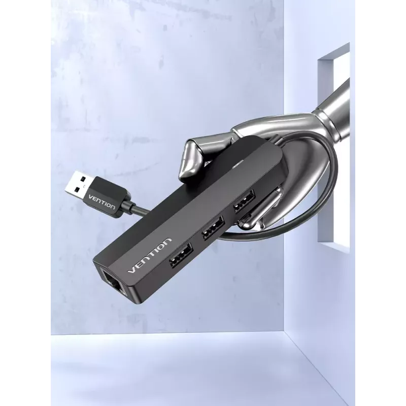 Hub USB 2.0 Vention de 3 puertos con adaptador Ethernet 100M, host USB 2.0, 4 puertos, negro