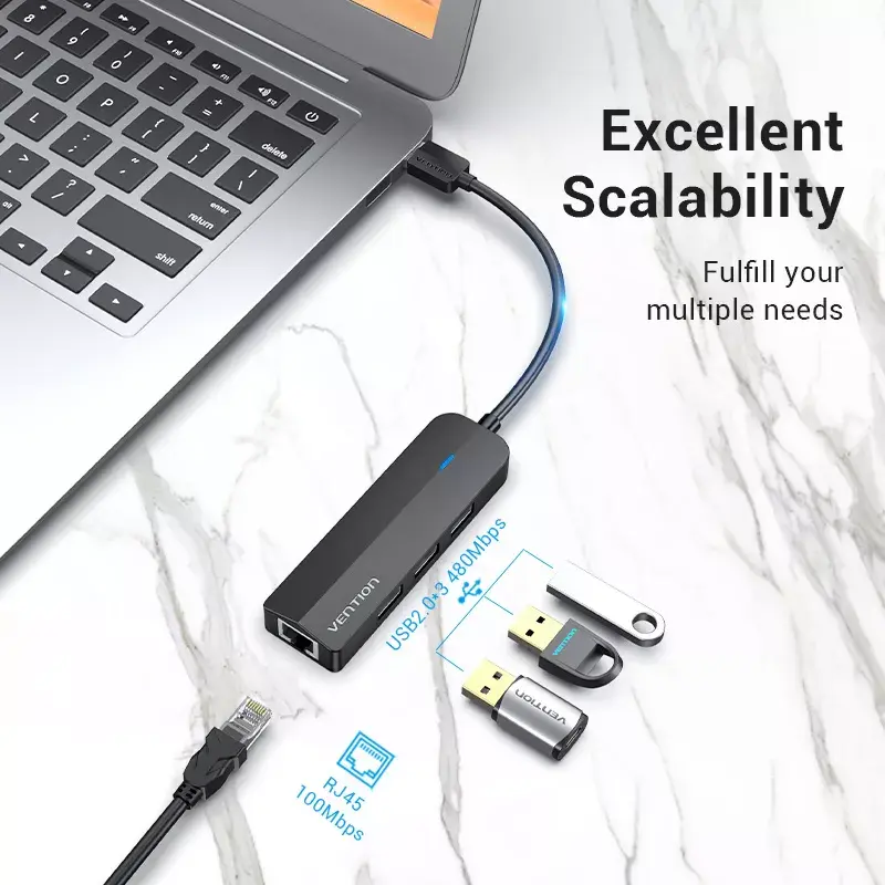 Hub USB 2.0 Vention de 3 puertos con adaptador Ethernet 100M, host USB 2.0, 4 puertos, negro