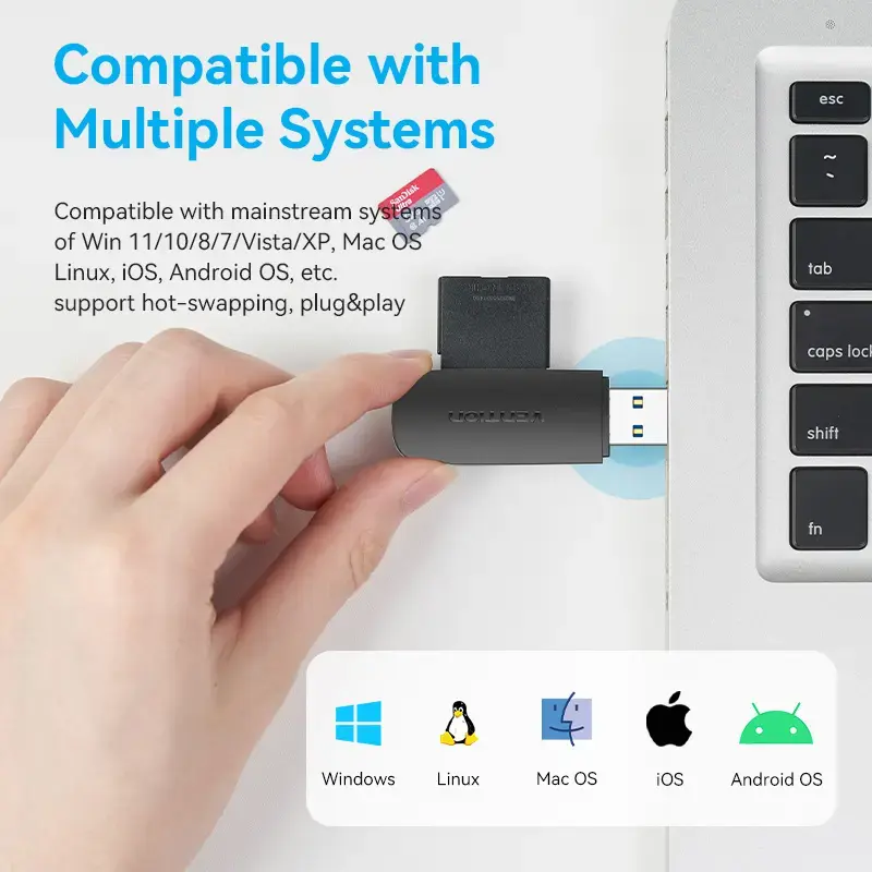 Vention CLGB0 lector de tarjetas 2 en 1, USB 3.0 A, SD + TF, doble letra de unidad, negro