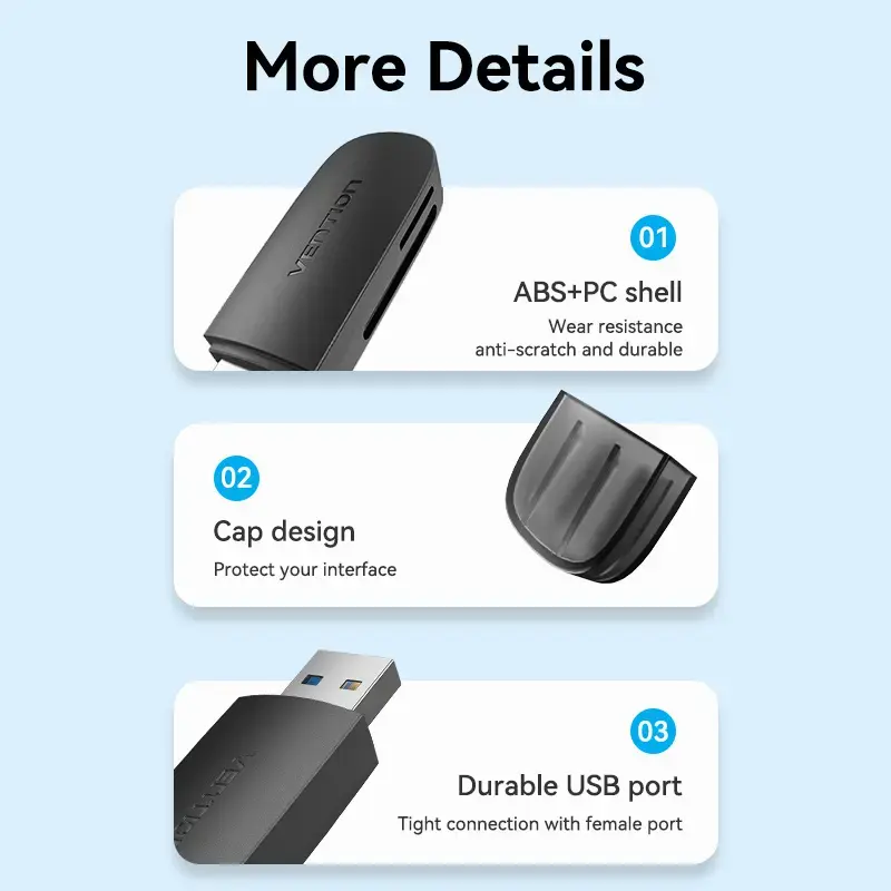 Vention CLGB0 lector de tarjetas 2 en 1, USB 3.0 A, SD + TF, doble letra de unidad, negro