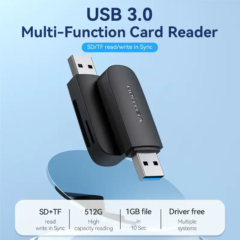 Vention CLGB0 lector de tarjetas 2 en 1, USB 3.0 A, SD + TF, doble letra de unidad, negro