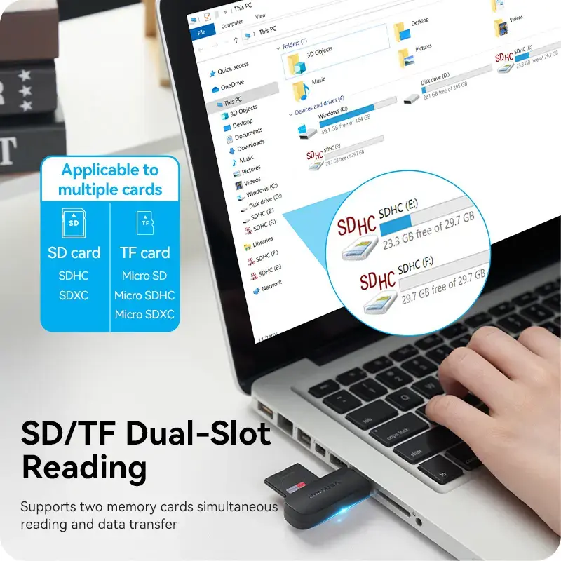 Vention CLGB0 lector de tarjetas 2 en 1, USB 3.0 A, SD + TF, doble letra de unidad, negro