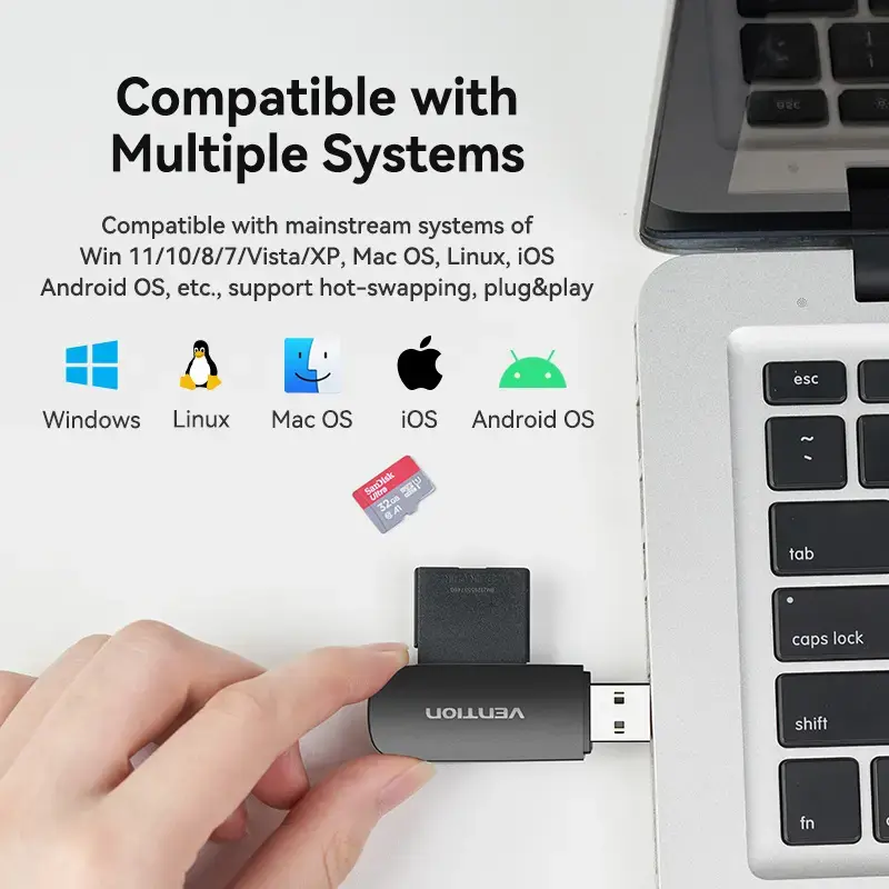 Vention lector de tarjetas 2 en 1 USB 3.0 A SD+TF, USB 3.2 Gen 1, 5000 Mbit/s, negro