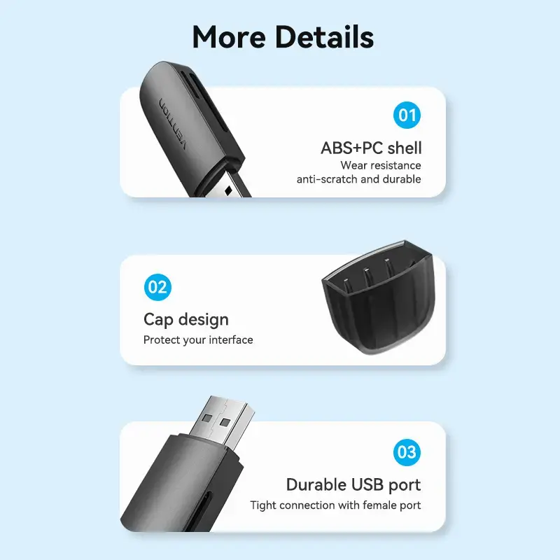 Vention lector de tarjetas 2 en 1 USB 3.0 A SD+TF, USB 3.2 Gen 1, 5000 Mbit/s, negro