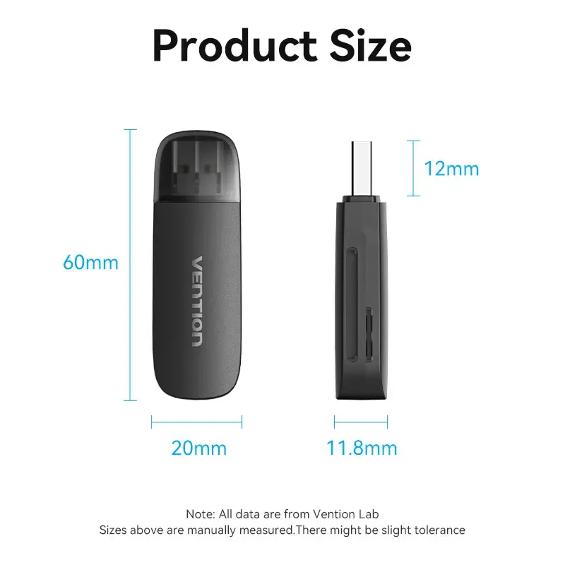 Vention lector de tarjetas 2 en 1 USB 3.0 A SD+TF, USB 3.2 Gen 1, 5000 Mbit/s, negro
