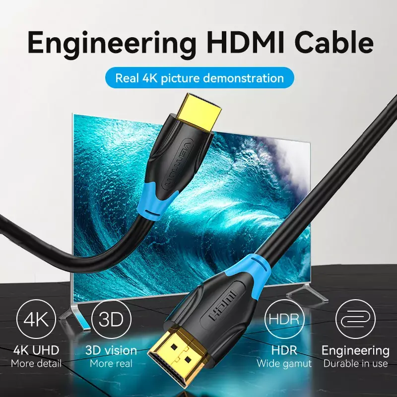 Cable HDMI Vention 2 m, HDMI 2.0, 18 Gbit/s, 4K@60Hz, HDR, ARC, Ethernet, negro