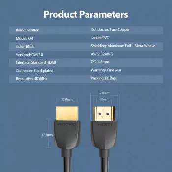 Vention Cable HDMI portátil 1M negro 2.0 18 Gbit/s